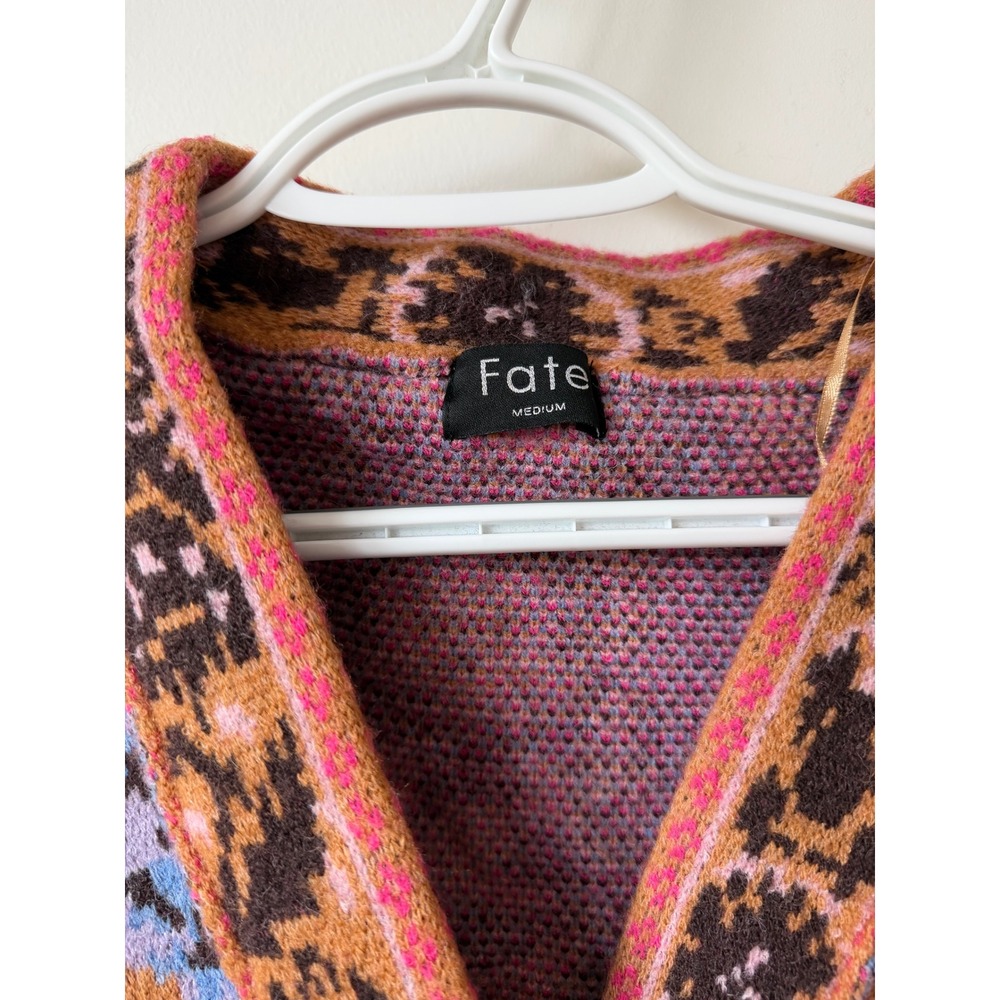 Fate Medium Boho Intarsia Knit Cardigan Sweater Pink Blue Tan Belted V-Neck - Picture 2 of 2